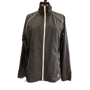 Climate lite Adidas black rain coat white trim 3 stripes on back spellout Medium